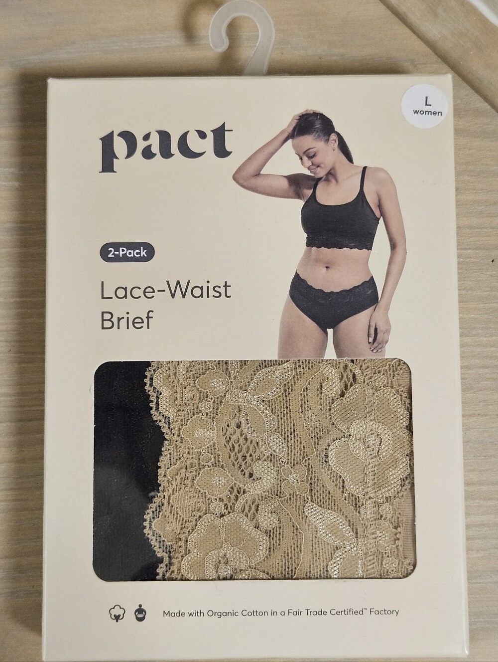 2 Pack Pact Women's Organic Cotton Lace Waist Brief LARGE Black/Pedal Patch NIB - Picture 4 of 5